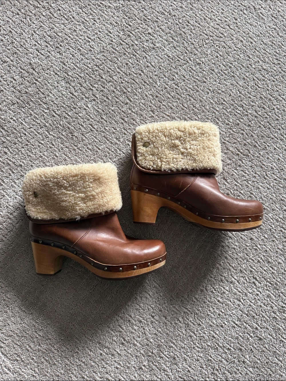 UGG Brown Leather Shearling Clog Booties with Studded Wooden Heel